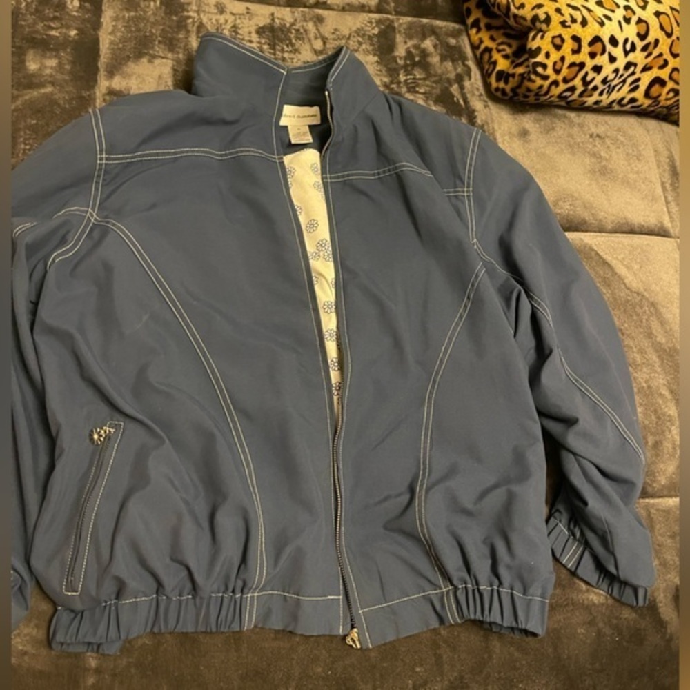 Alfred Dunner Blue Jacket with floral print inside and floral zipper pulls